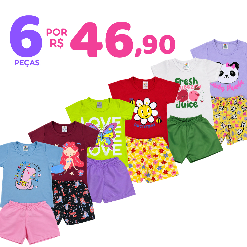 Kit 6 Peças Roupa Infantil Menina Verão Conjunto Sortido Estampado Camiseta + Shorts Liso 3 Conjuntos