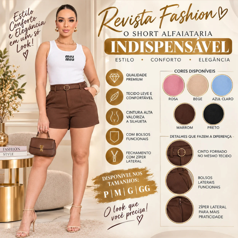 💖Tendência em Moda Short Feminino Alfaiataria Social com Cinto e Bolso Fivela Dourada Cintura Alta💖🏷️