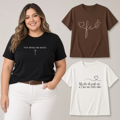 Kit 3 Camisetas Plus Size Femininas G1 ao G4 Estampadas Fé Cristã Tua Graca, Fe e Um Dia de Cada