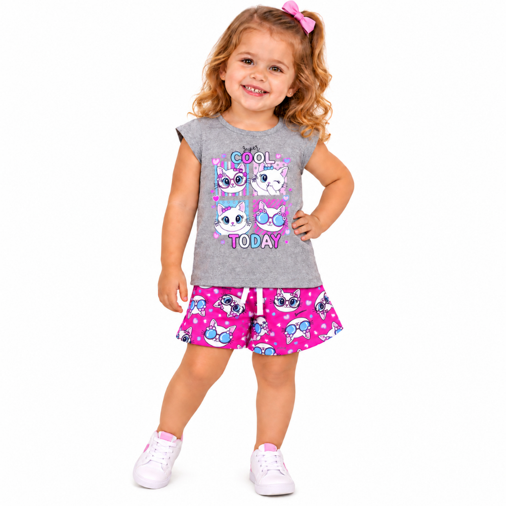 Conjunto Feminino Blusa Cotton e Shorts Estampado 1-2-3 Casual Confortável Moda Feminina Verão