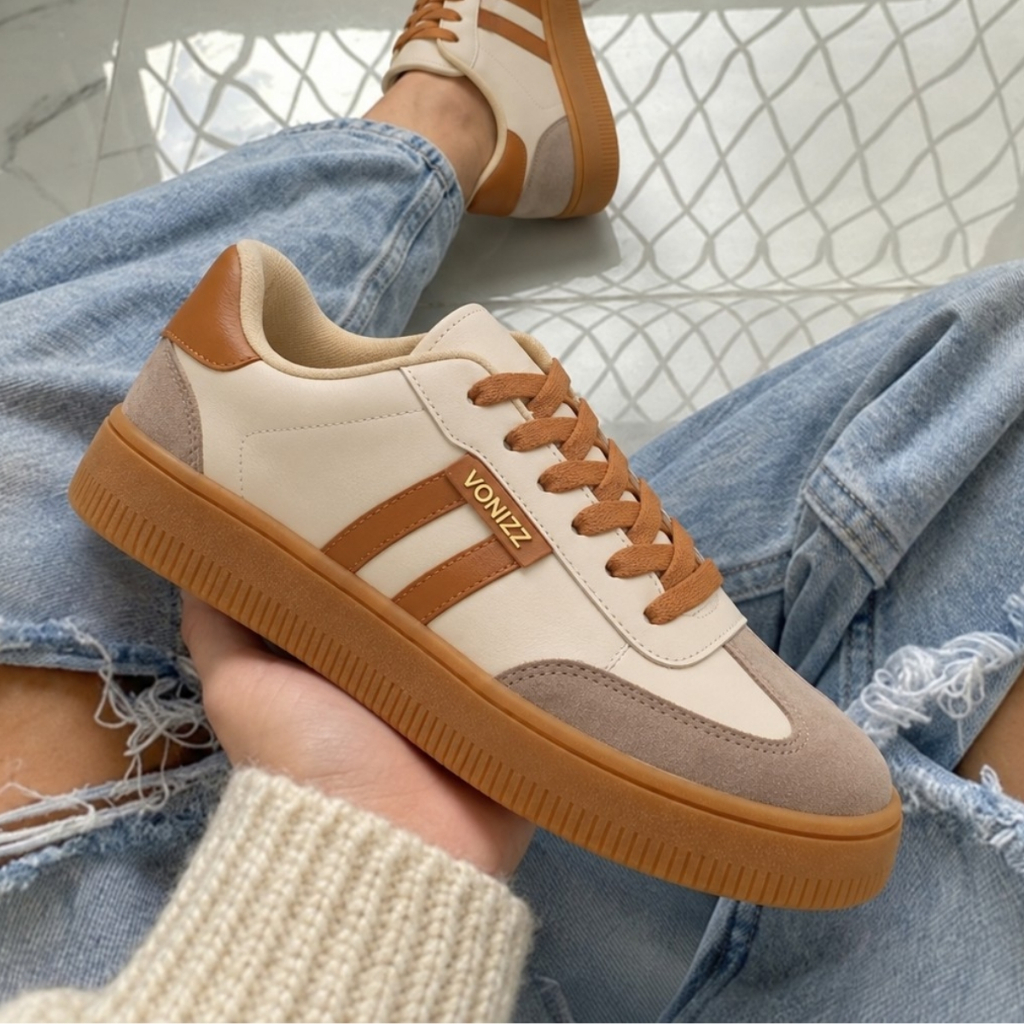 Tênis Feminino Samba Sapato Baixo Macio Retrô Couro Bege Listra Bonito Estiloso Casual Clássico Modinha Tendência