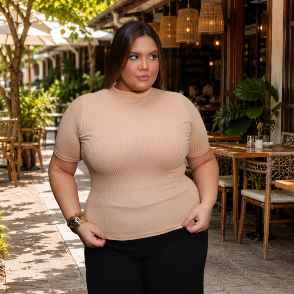 Blusa Feminina Plus size Canelada Gola Alta Camiseta Premium Estilosa Malha Elegante Festa Verão · foto 2