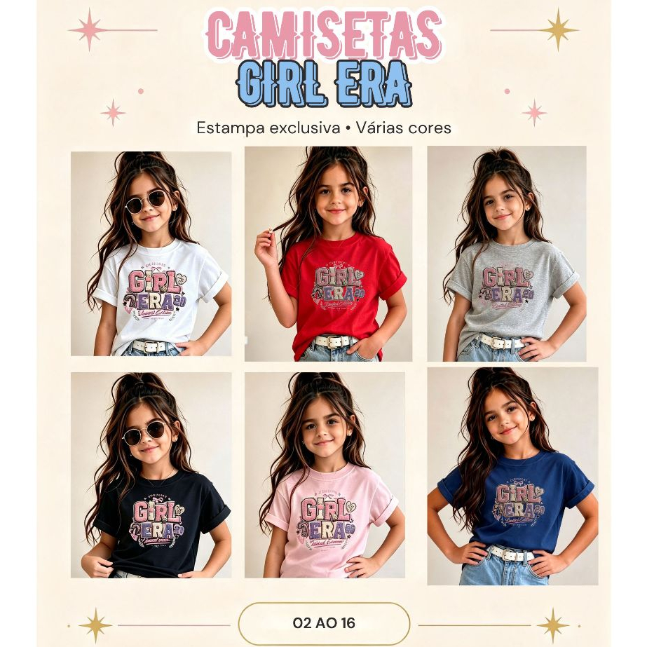 Camiseta Infantil Estampada Girl Era Estilosa Menina Modinha Dias da Crianças Varias Cores Presente Passeio Blogueira