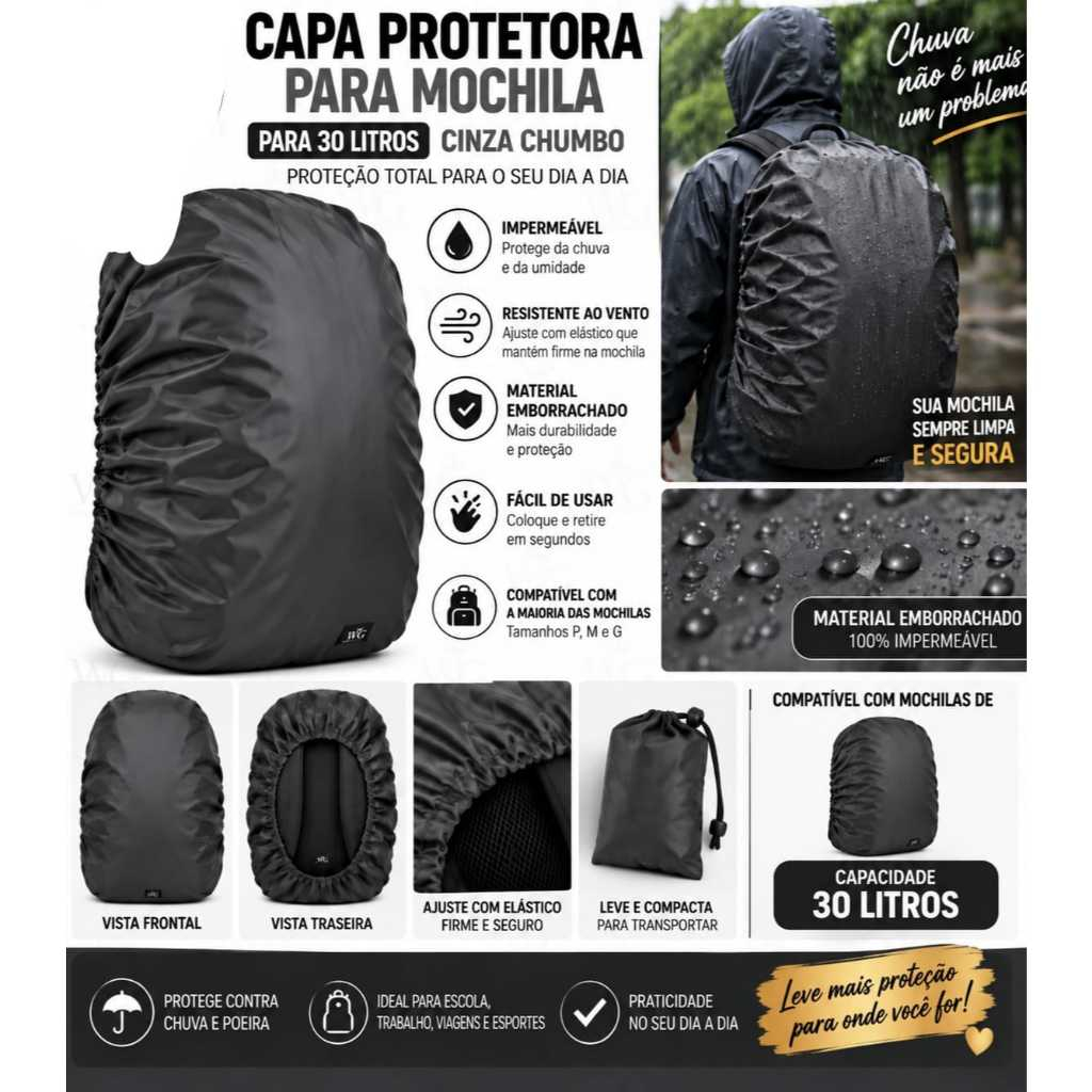 CAPA IMPERMEAVEL PARA MOCHILA FEITA DE NYLON EMBORRACHADO PROTEÇÃO EFICAZ CONTRA A CHUVA 30L IGC-M01