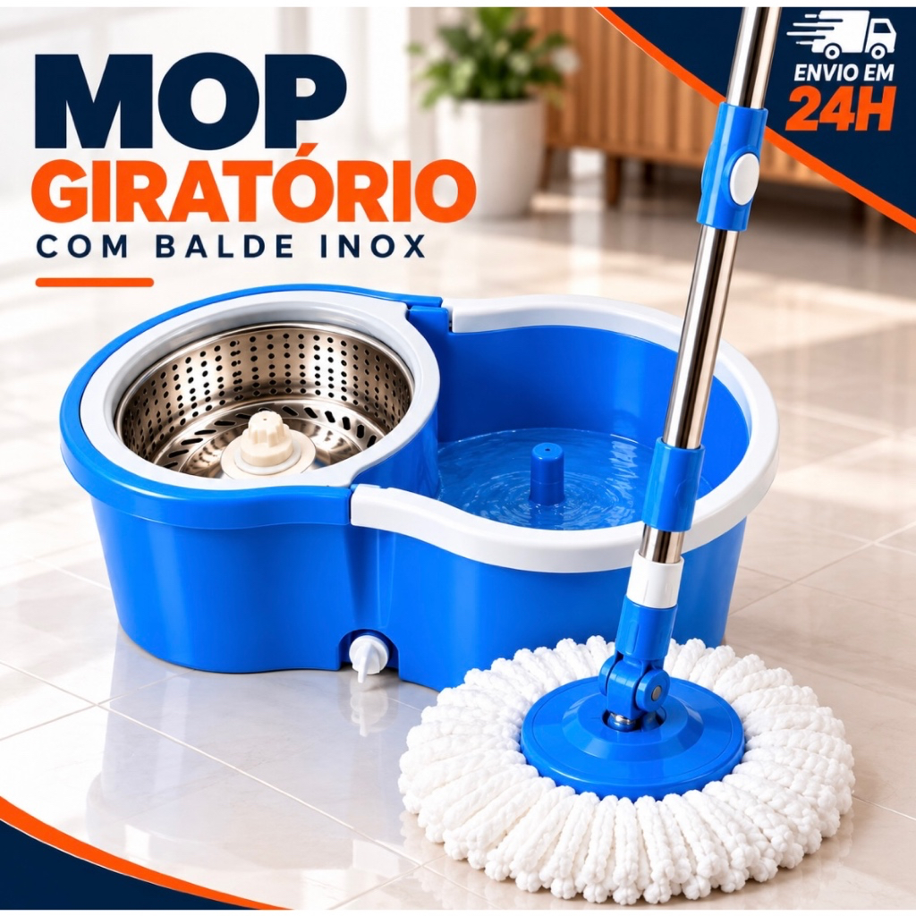 Mop Giratório 360° Com Balde 13 Litros Cesto Inox Com Rodas Refil Microfibra Cinza ou Azul