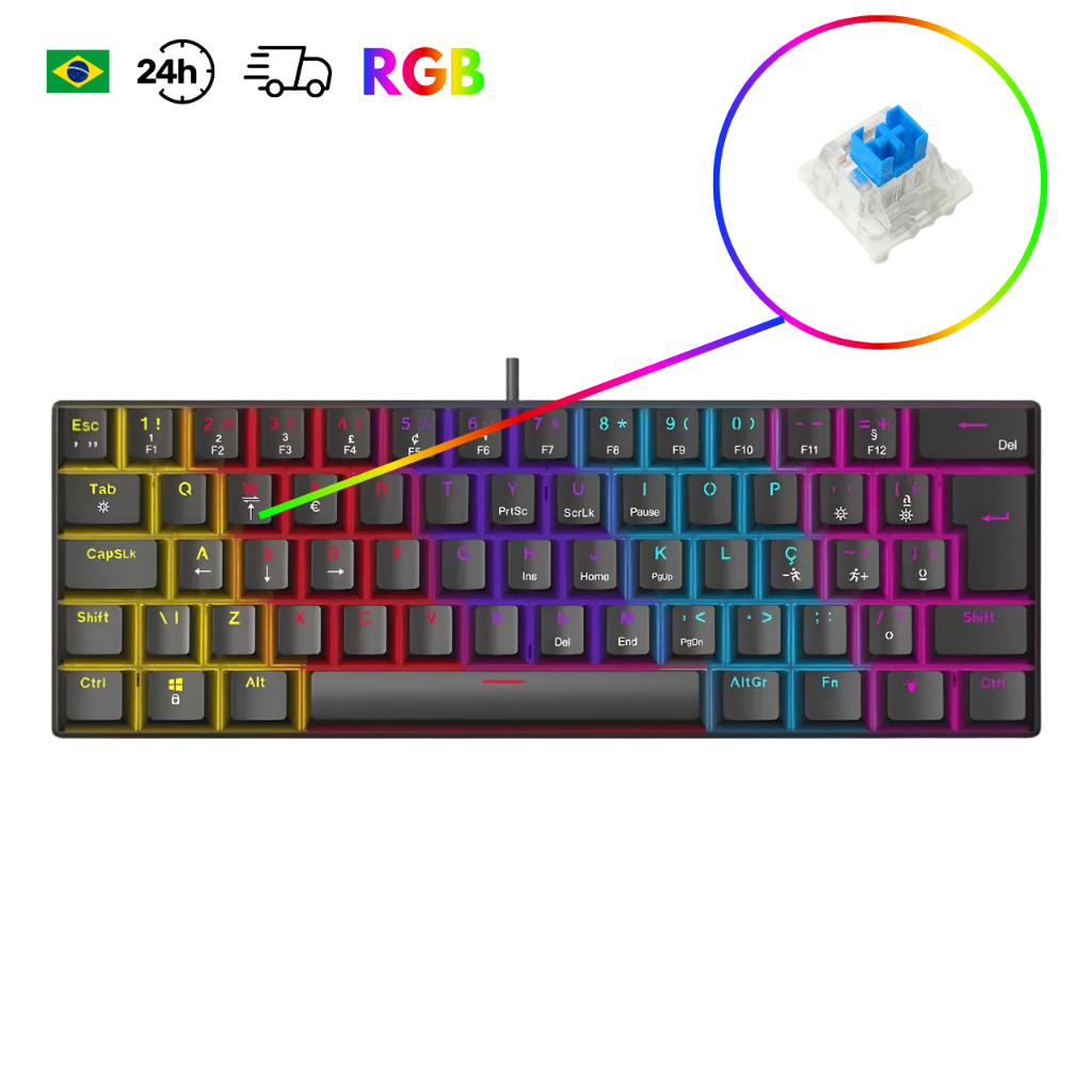Teclado Mecânico Gamer Ninja Leap 60%, Switch Blue, Rainbow Teclado Mecânico Gamer Ninja Leap 60%, Switch AZUL, RGB
