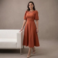 Vestido Midi Feminino em tecido de Alfaiataria Elegante Manga Bufante - Festa e Casamento