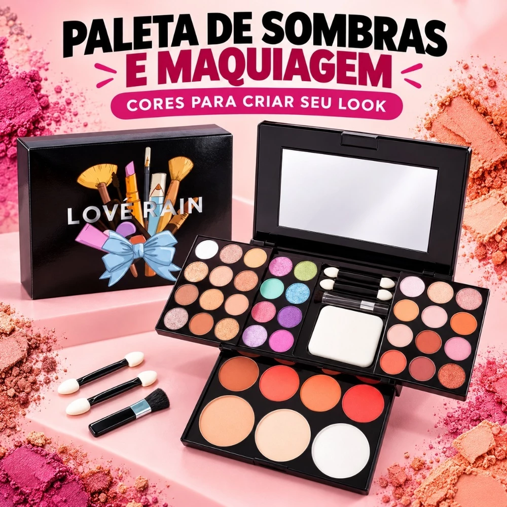 Paleta de Maquiagem LOVÉ RAIN com Sombras Coloridas, Tons para o Rosto, Espelho e Aplicadores