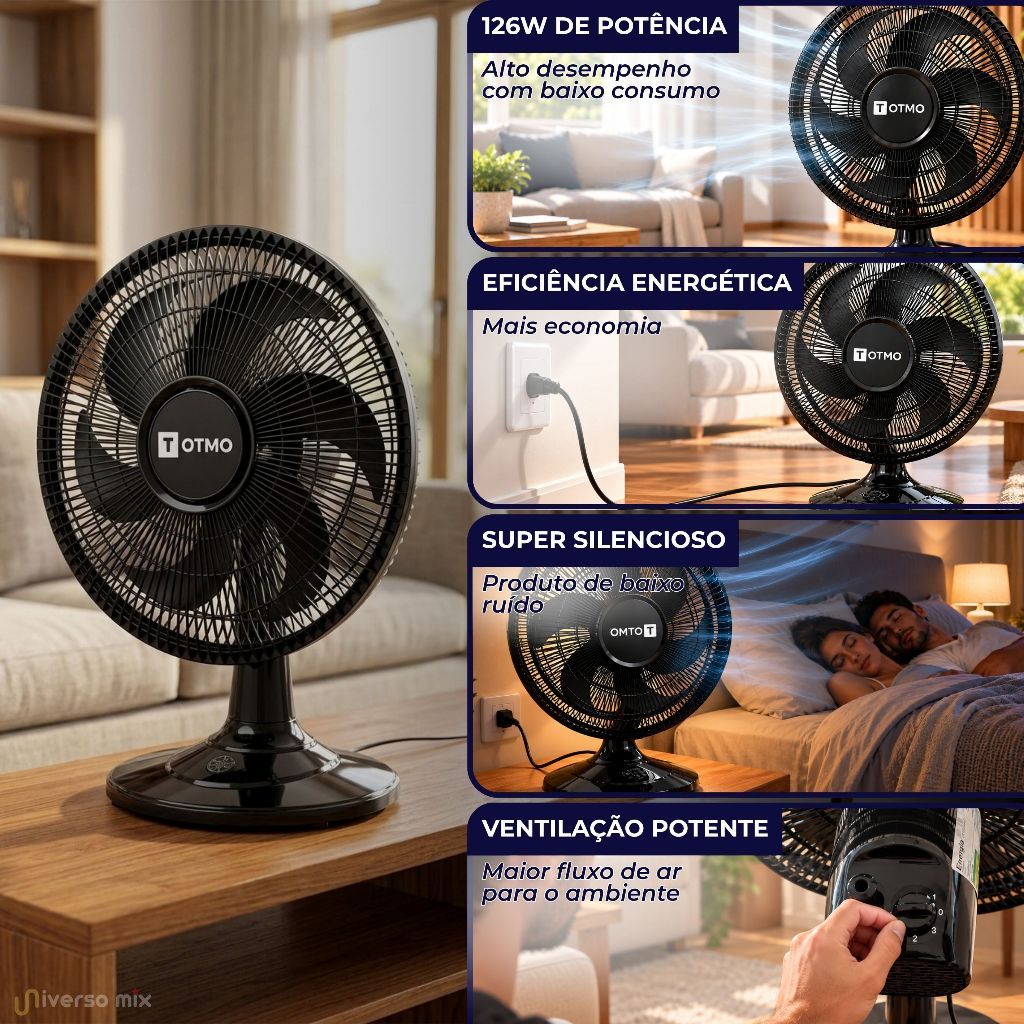 Ventilador Mesa 127V/220V 40cm 6 Pás 3 Velocidades Portátil Inclinável 126W OTMO — imagem 2 de 2