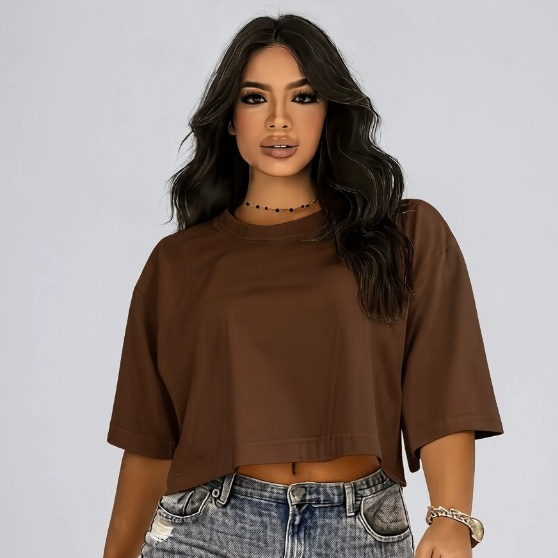 Cropped Oversized Feminino Liso Algodão Camiseta Academia Treino Casual Dia a Dia Confortável Feminina Streetwear