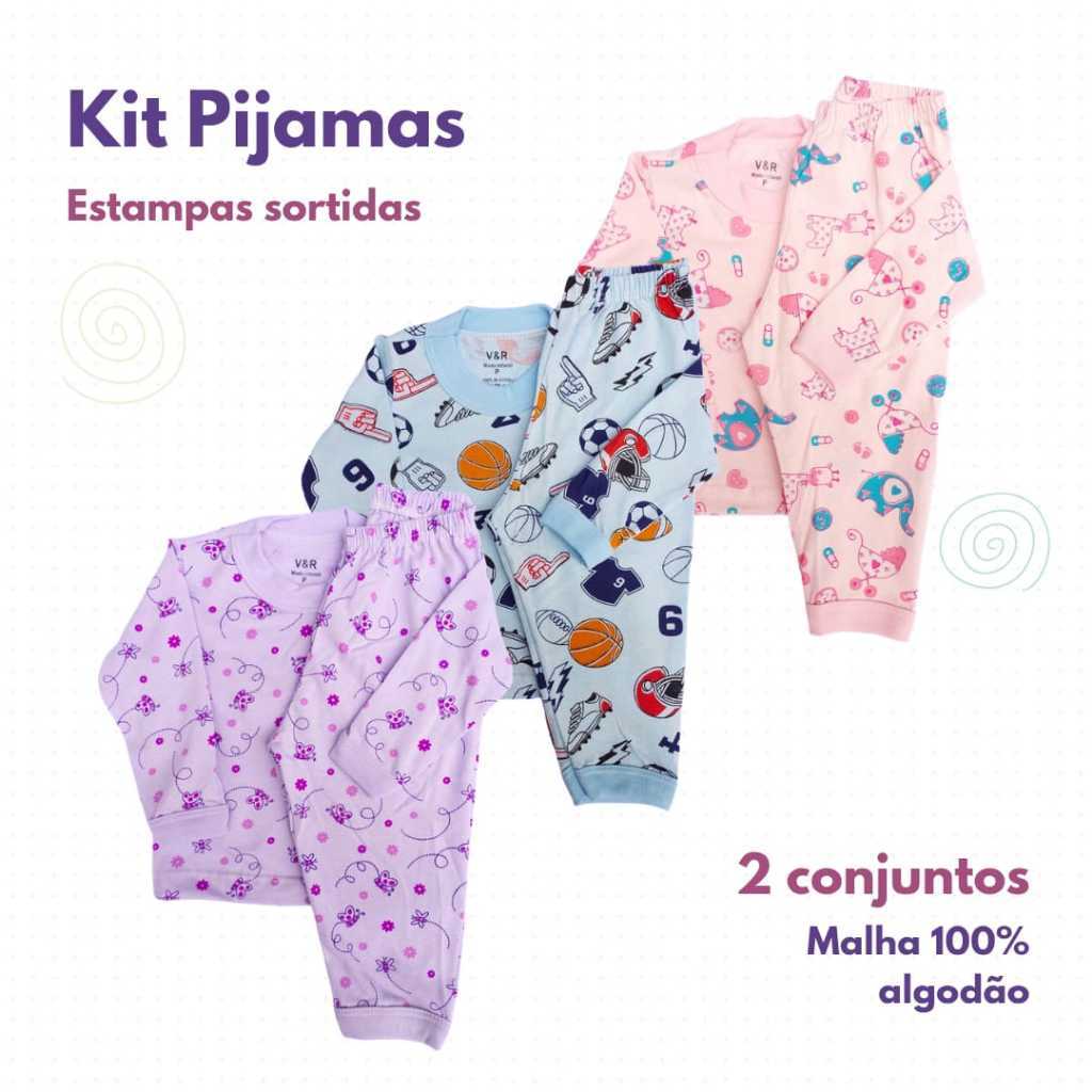 Kit Pijamas Infantis / Bebê (2 Blusas + 2 Calças) 100% Algodão - ESTAMPAS SORTIDAS