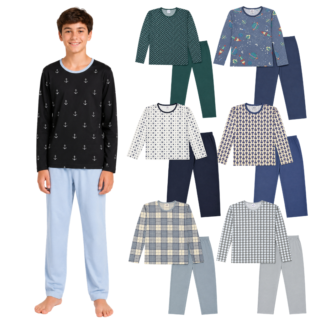 Kit 3 Pijama Longo Juvenil Masculino Manga Comprida Estampa Sortida 10 ao 16