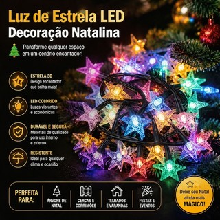 Corda Luz Fada LED 4m Estrela Floco Neve 110/220V, Colorida para Festas e Natal KL-572