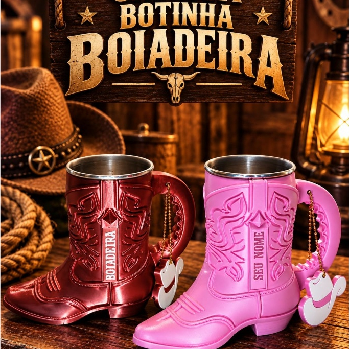 Caneca Bota Boiadeira Country 3D com Copo e Chaveiro Incluso | Copo Estilo Boiadeira para Rodeio, Churrasco e Presente