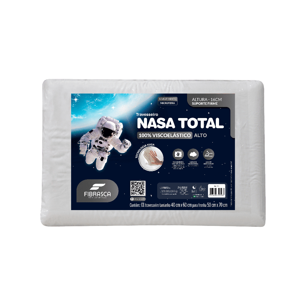 Travesseiro NASA Total 100% Viscoelástico Alto 16cm para Fronhas 50x70 cm Fibrasca