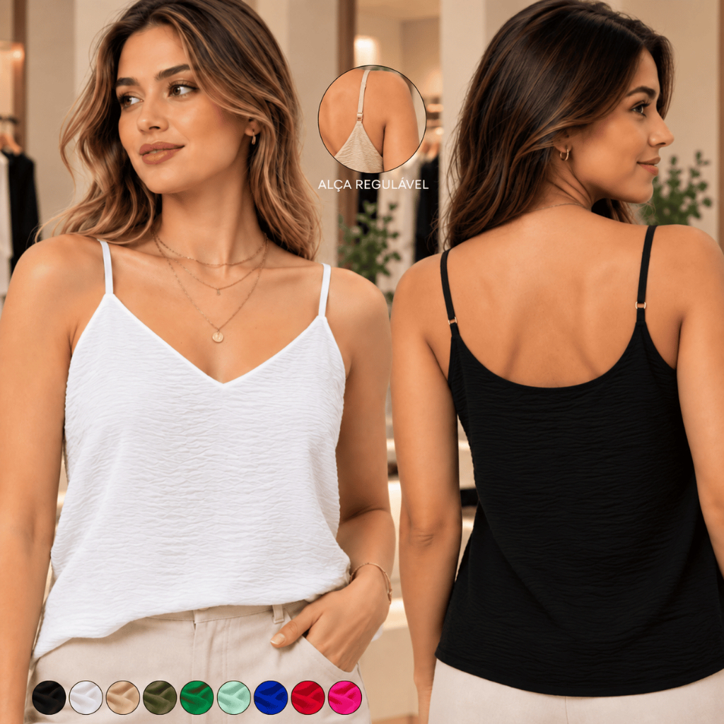 Blusa Regata Feminina Alça Regulável Blusinha Alcinha Gola V Tecido Duna