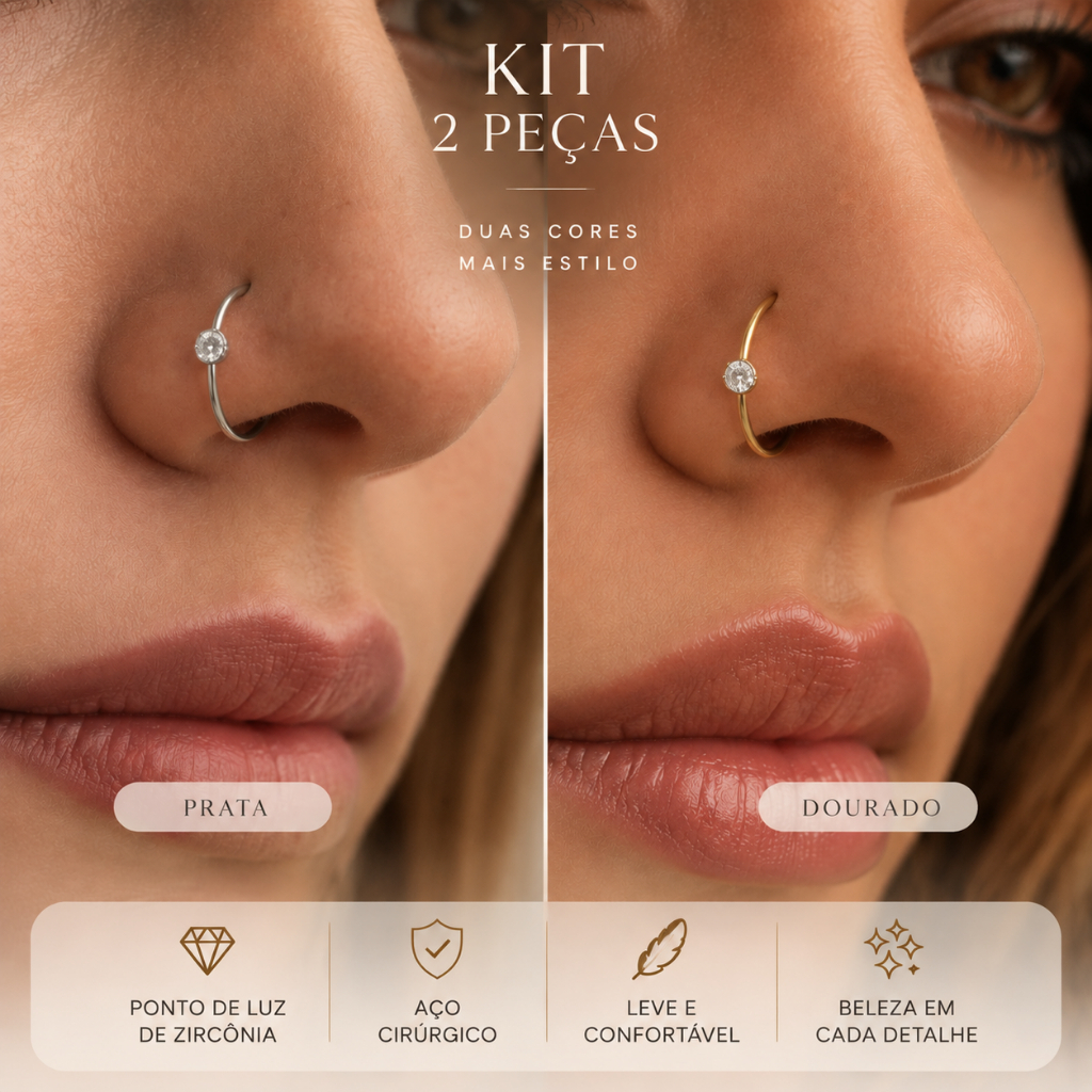 Kit 2 Piercing De Nariz Prata E Dourado Argola Nostril Com Ponto De Luz 2 Unidades Aço Cirúrgico