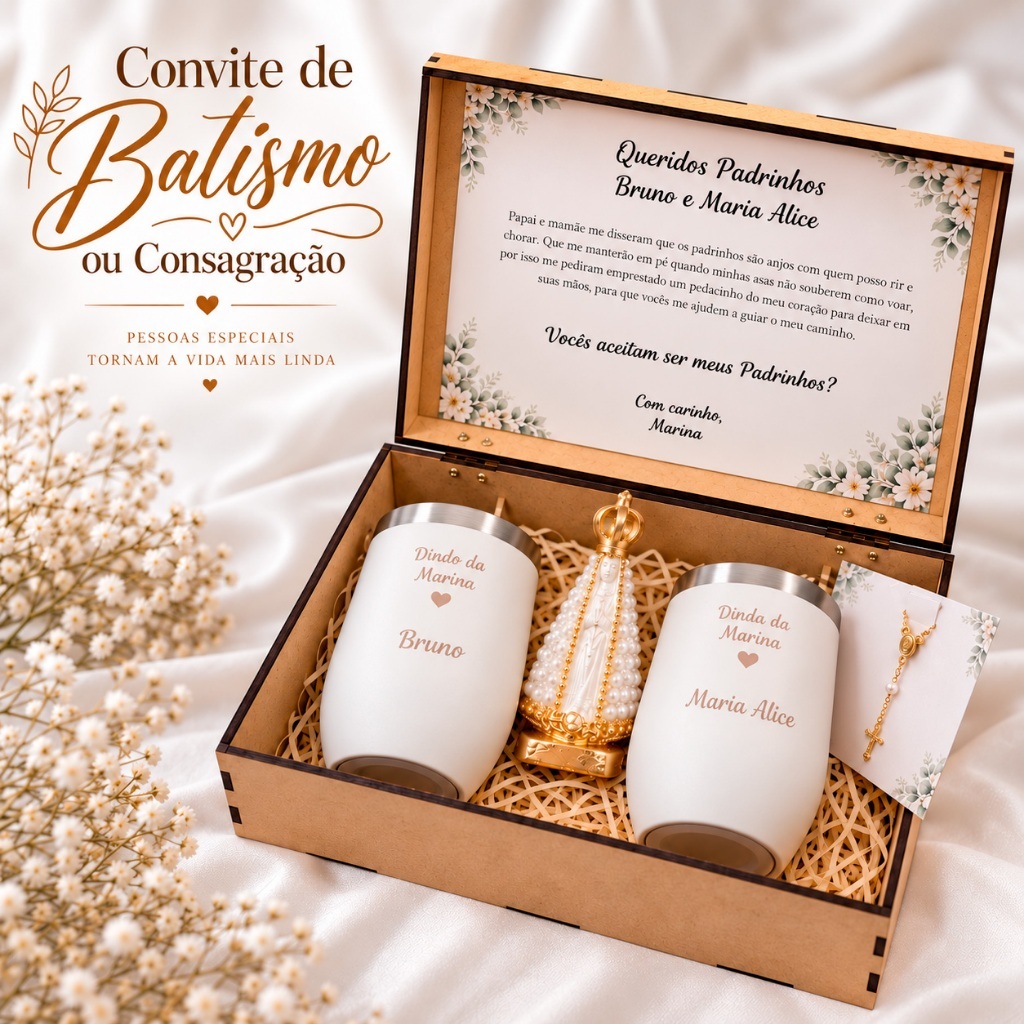 Kit Convite Personalizado Padrinhos Batismo/Consagração com Copo 350ml, Caixa MDF, Nossa Senhora e Mini Terço