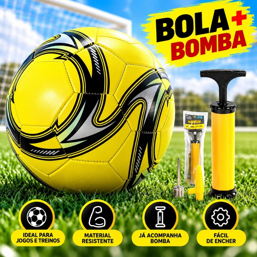 1 Bola de Futebol + 1 Bomba de Ar Manual Portátil Para Encher Bola Tamanho Oficial Couro Sintético