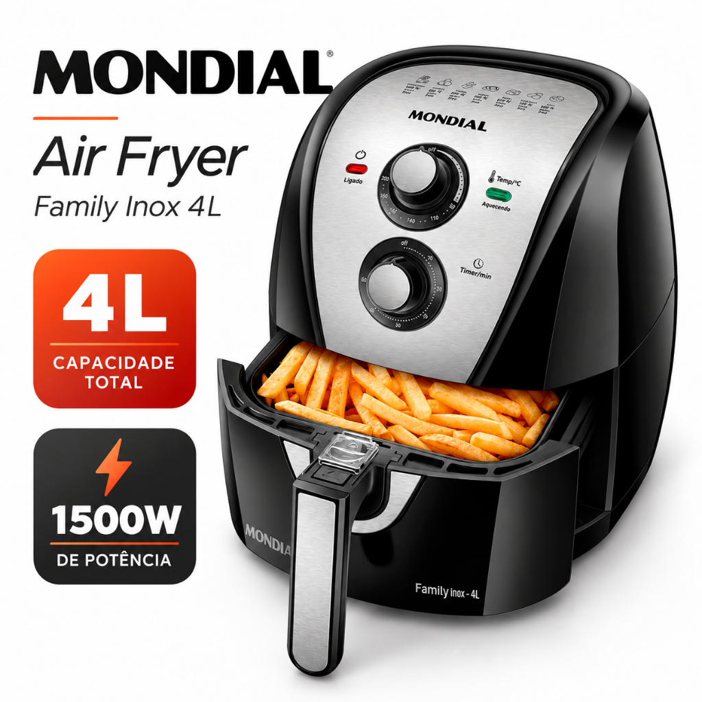 Fritadeira Air Fryer Mondial 4L 1500W Sem Óleo Cesto Antiaderente Timer AFN-40-BI