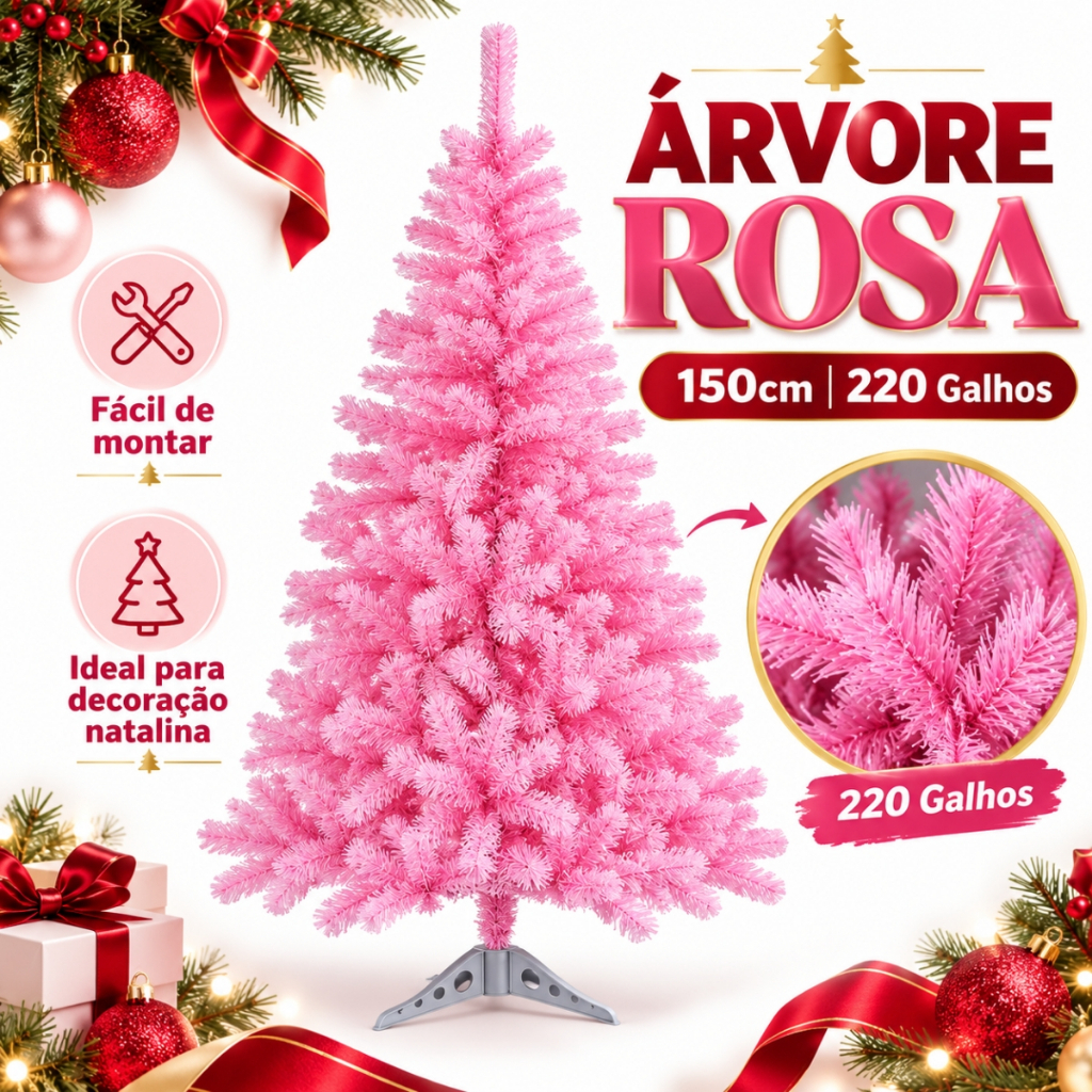 Árvore Natal Cor Rosa 150cm 200 Galhos Grande Pinheiro Natalino Branco