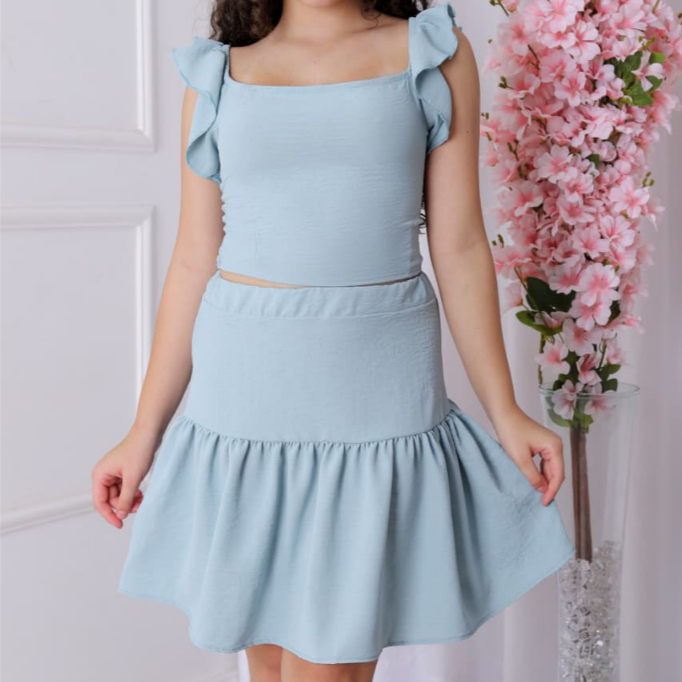 Conjunto Infantil Menina e Adolescente Jovens Saia Babado e Blusa Cropped Ciganinha Primavera e Verão Infantil  CJI044