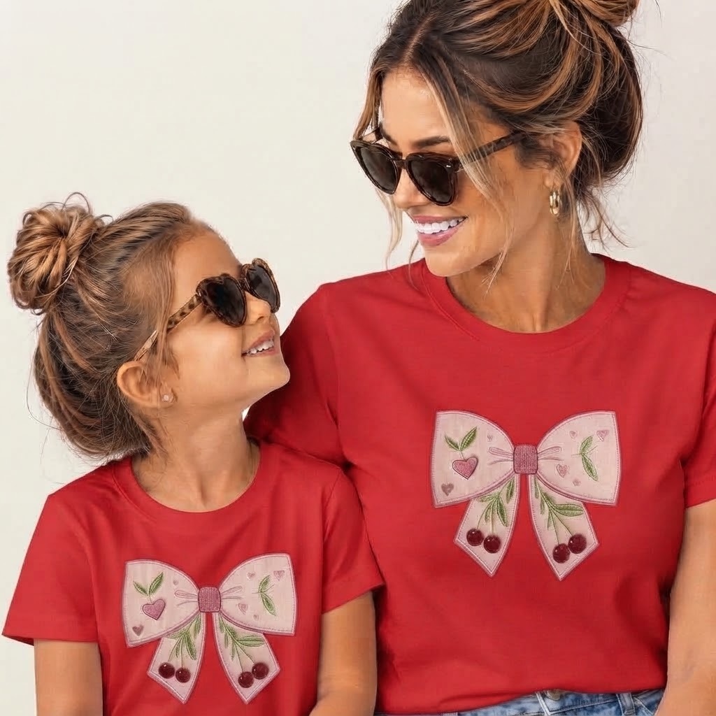 Kit Mãe e Filha Tal Mãe Tal Filha Camiseta Laço cereja 100% Algodão