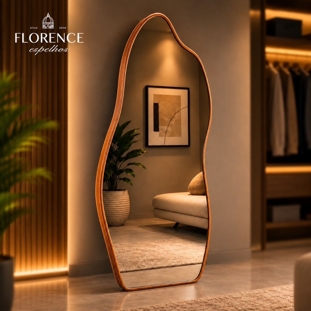 Espelho Orgânico 120x50 e 80x40 Com Moldura EM COURO Corpo Inteiro Moderno Luxo!