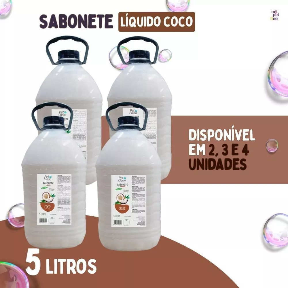 Shampoo e Condicionador 5 Litros Coco Limpeza e Cuidados Cachorro Pet Clean Cão Gato Sabonete Liquido 1,2,3 ou 4 Unidade