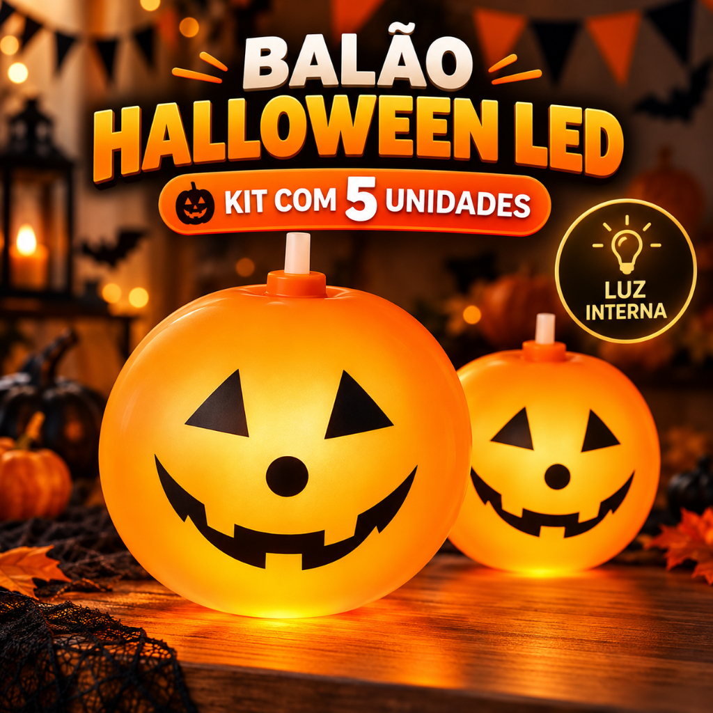 Balão Abóbora de Halloween com Luz LED Interna – Kit com 5 Unidades Inflável 20cm
