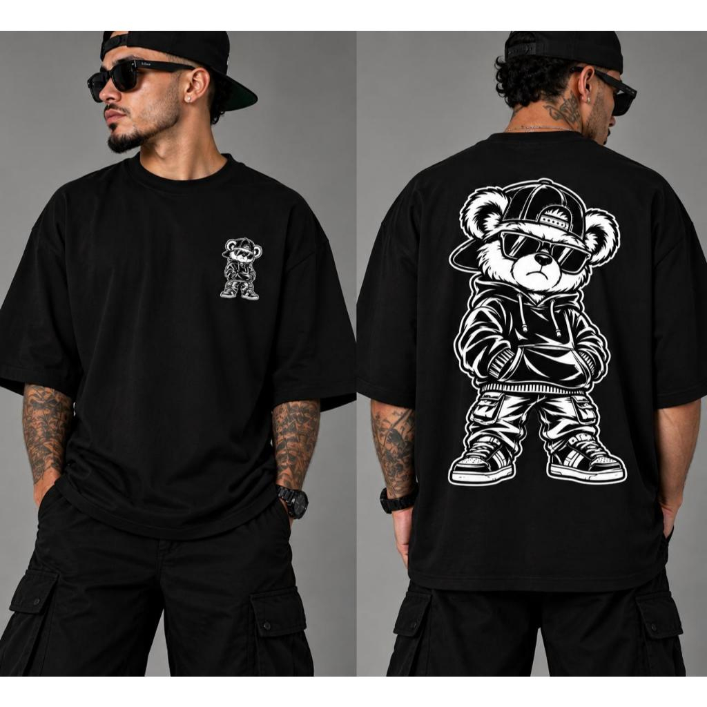 Camiseta Oversized Masculina Streetwear Urso Estampada Frente e Costas 100% Algodão Casual Moda Urbana Unissex Estiloso