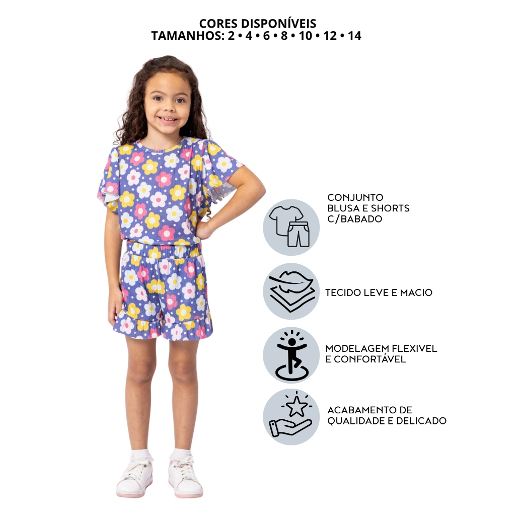 Conjunto Blusa + Short com Babados Estampado Flores