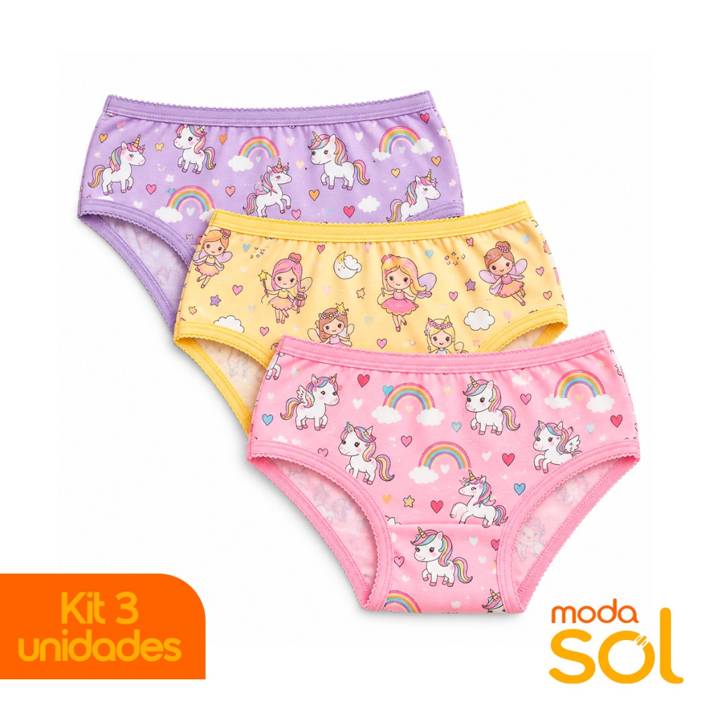Kit 3 Calcinhas Tanga Feminina Infantil Estampadas Delicadas Tecido Macio e Confortável Uso Diário