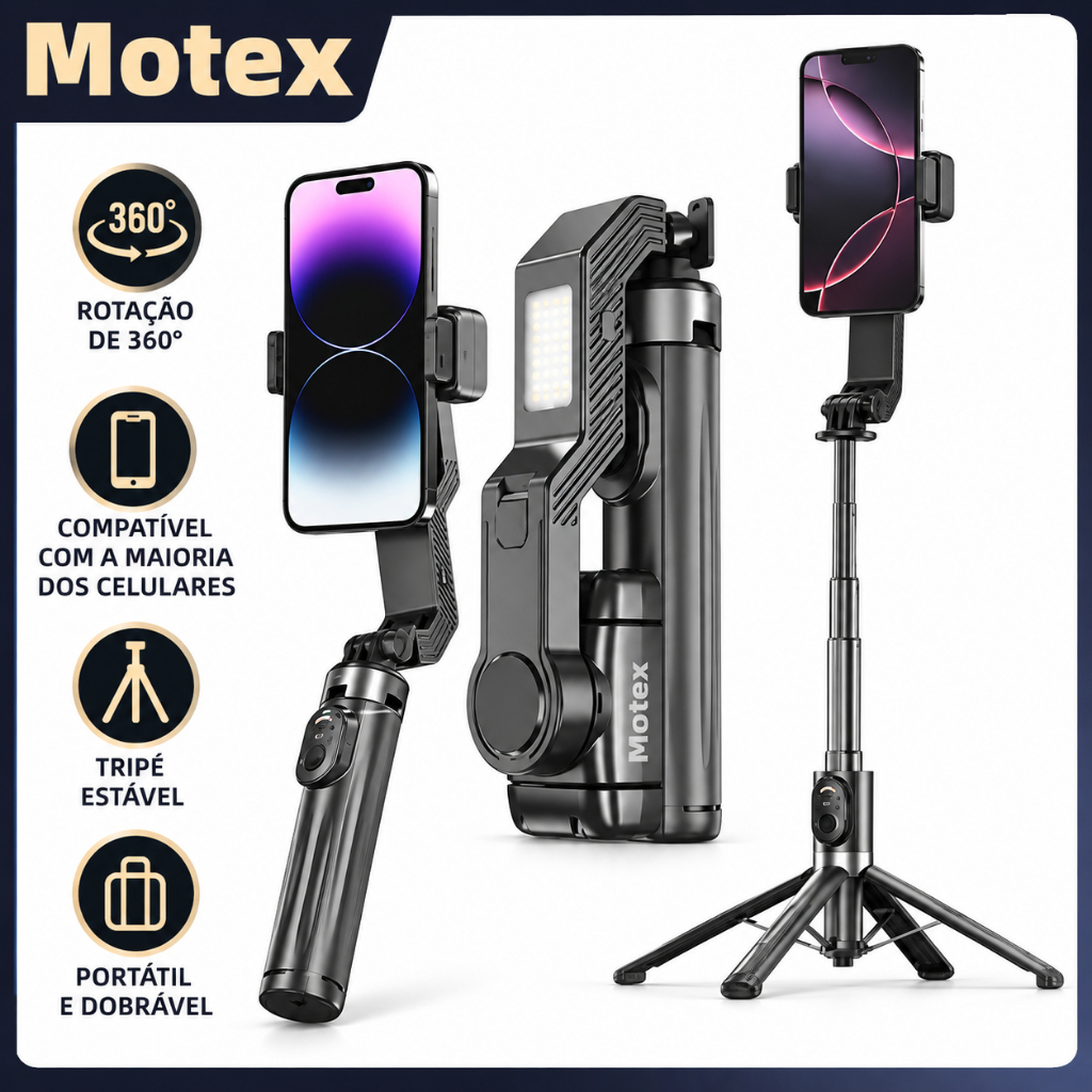 Gimbal Estabilizador com IA para Celular, Bastão Selfie Tripé Dobrável de 101cm, Luz LED e Controle Bluetooth 5.2