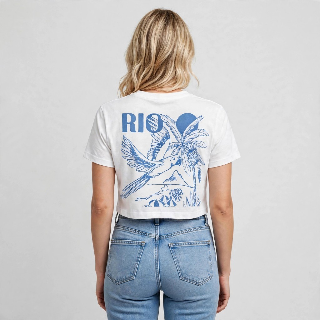 Cropped Oversized Feminino Estampa Copacabana 100% Algodão Rio De Janeiro Conforto Respiravel Diario Anti Transpirante