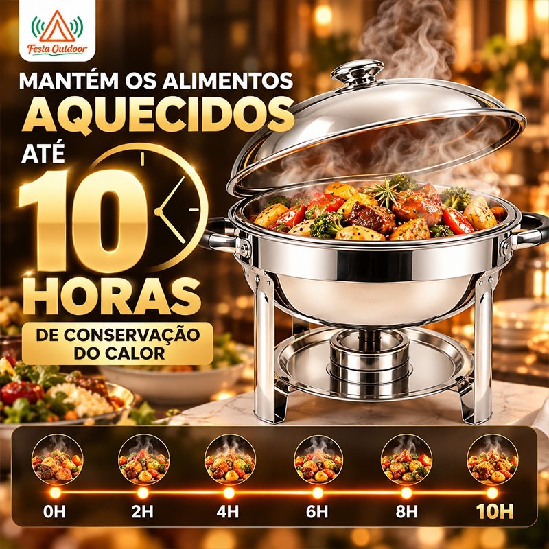 Festa Rechaud Buffet 6L em Aço Inox Banho Maria - Conserva Alimentos Quentes por 10 Horas