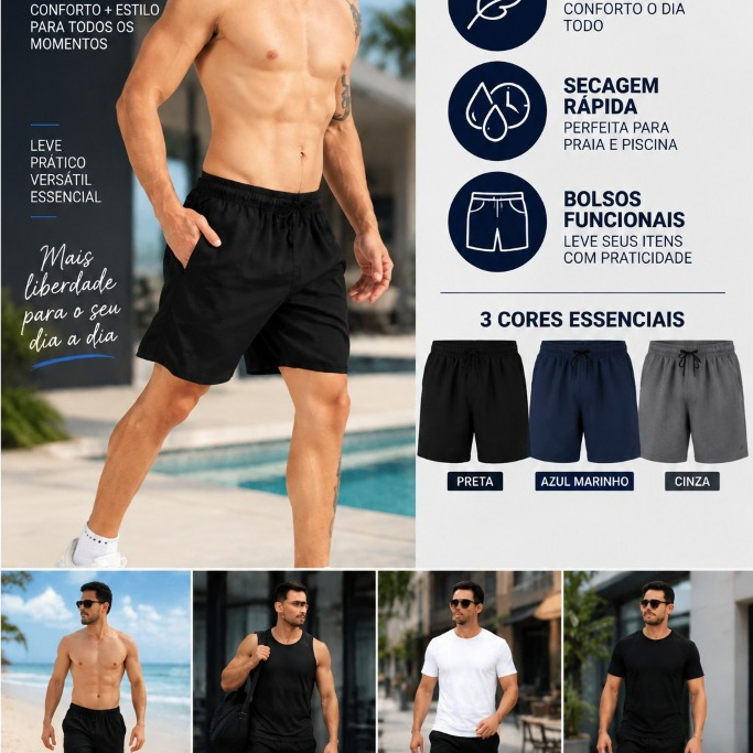 Kit 3 Short Masculino Mauricinho Premium Elastano Confortáveis Academia Com Bolsos