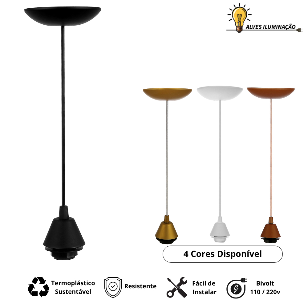 Luminária Pendente Sem Cúpula para Quarto Sala Cozinha com Soquete Rosca Longa E27 para 1 Lâmpada Bivolt Completo