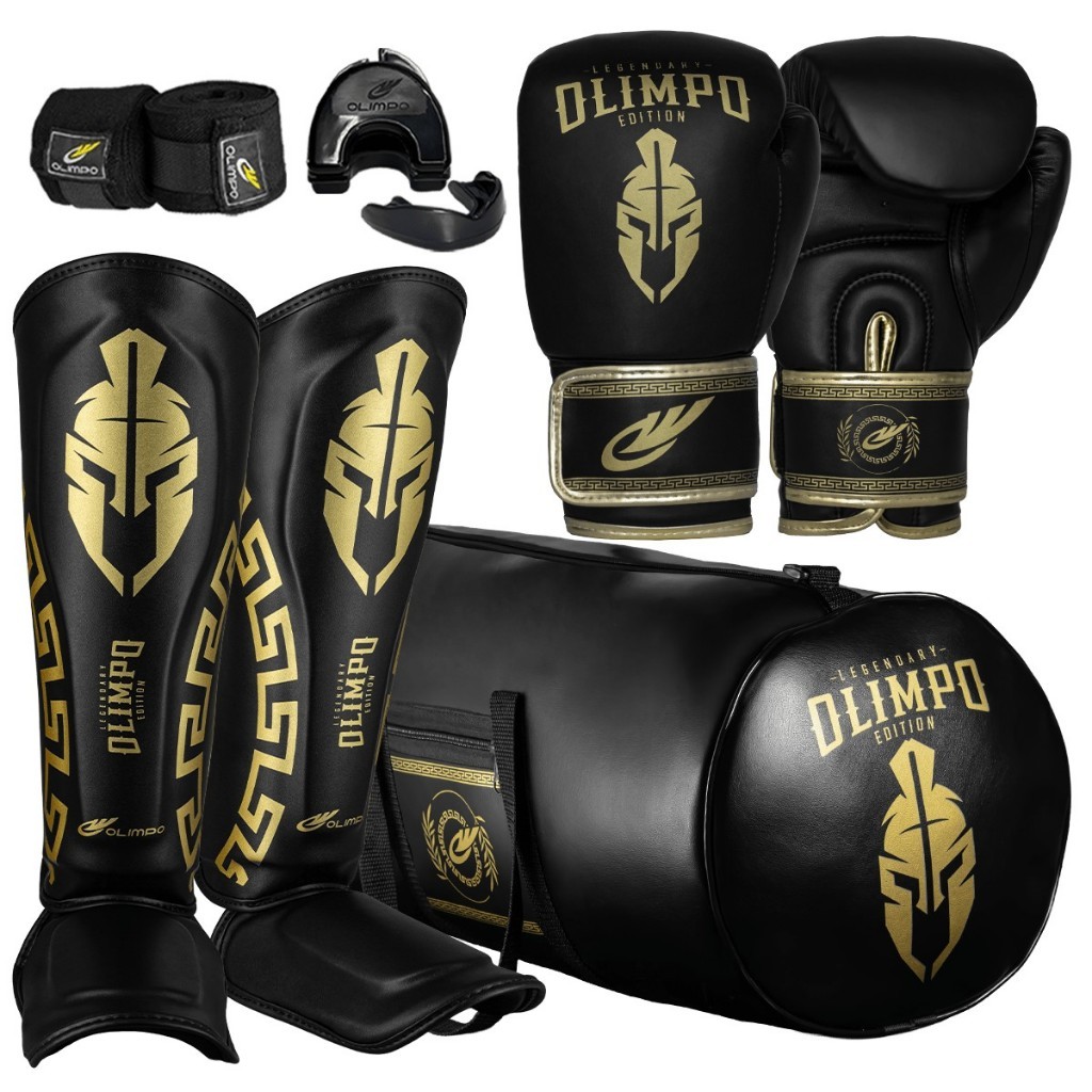 Kit Muay Thai Luva bolsa caneleira bandagem 5M case bucal Legendary Edition Olimpo Esportes