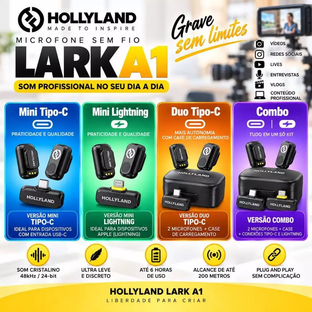 Microfone de Lapela sem fio Hollyland Lark A1 Versão Combo | Duo Usb Tipo-C | Mini Duo Tipo-C