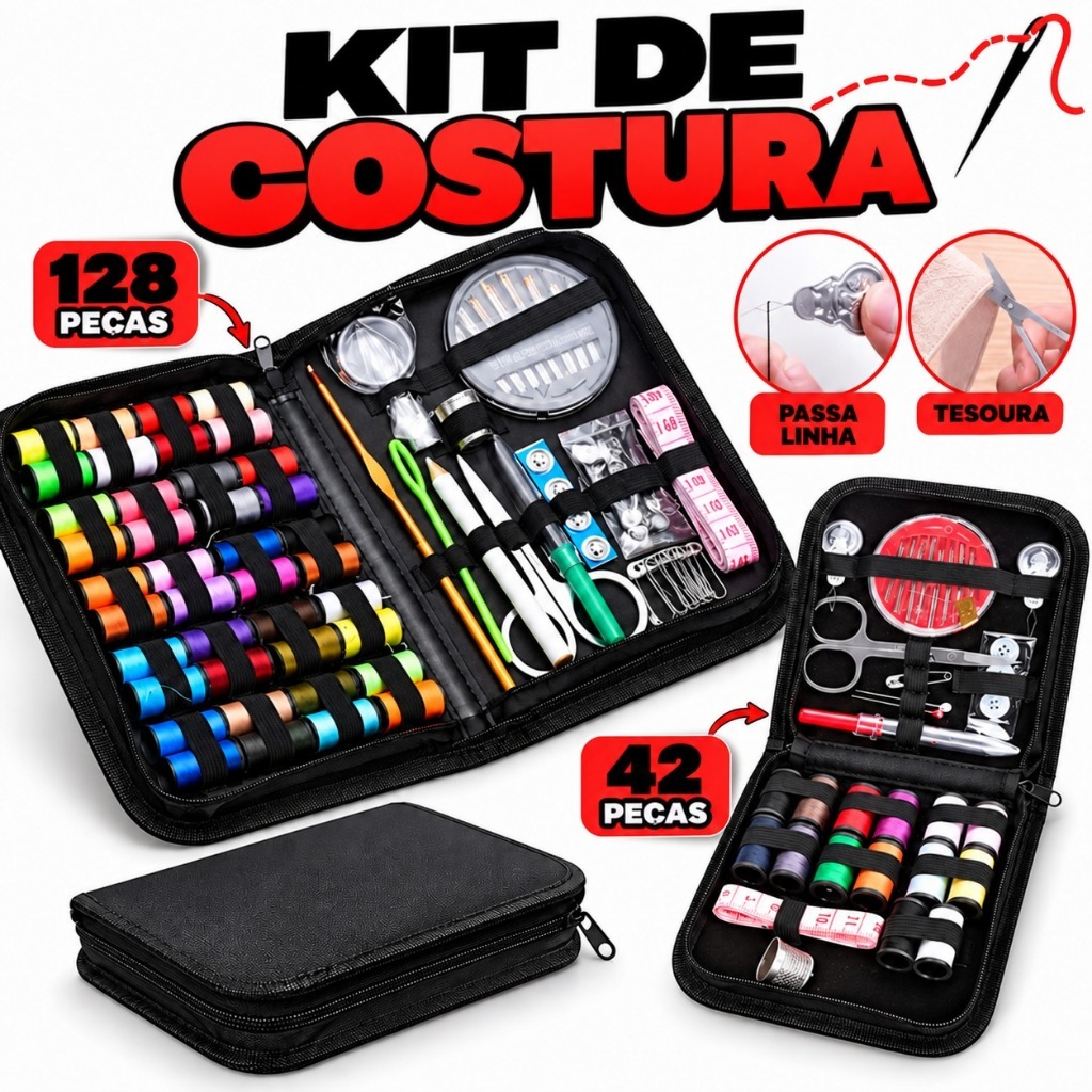 Kit de Costura Completo 42/128 Itens com Acessórios para Viagem e Uso Doméstico