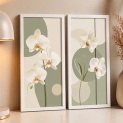 2 Quadros Decorativos Para Banheiro Lavabo Cozinha Sala Parede Flores Orquidea Minimalista Madeira Bege Decoração Boho