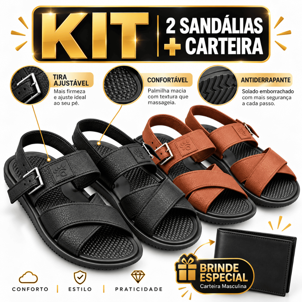 Kit 2 Pares Sandália Masculina Ortopédica Papete Confortável Anatômica Antiderrapante Tira Ajustável + Carteira Brinde