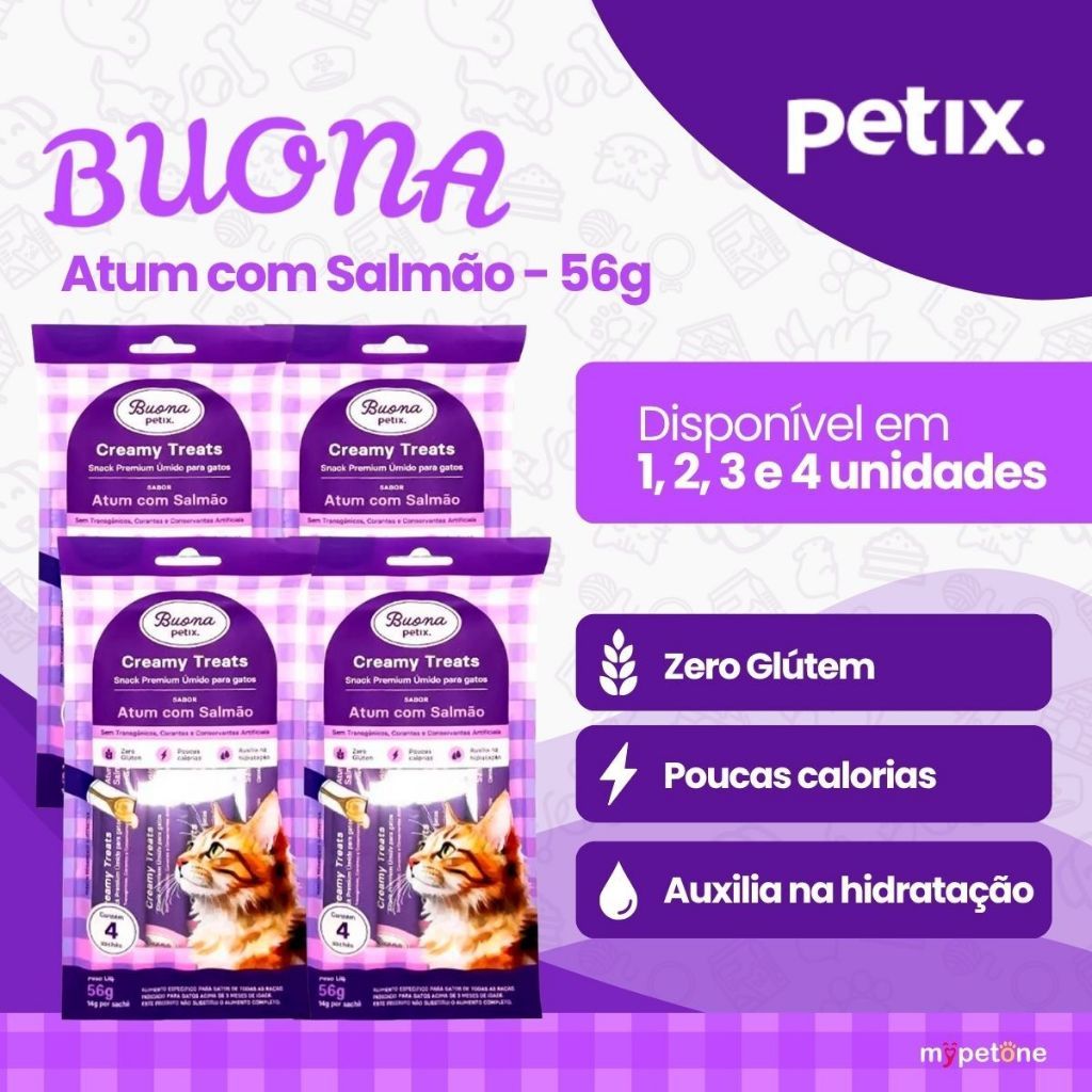 Petiscos Sachês Buona Petix Atum e Salmão Creamy Treats Para Gatos 1, 2, 3 Ou 4 Unidades