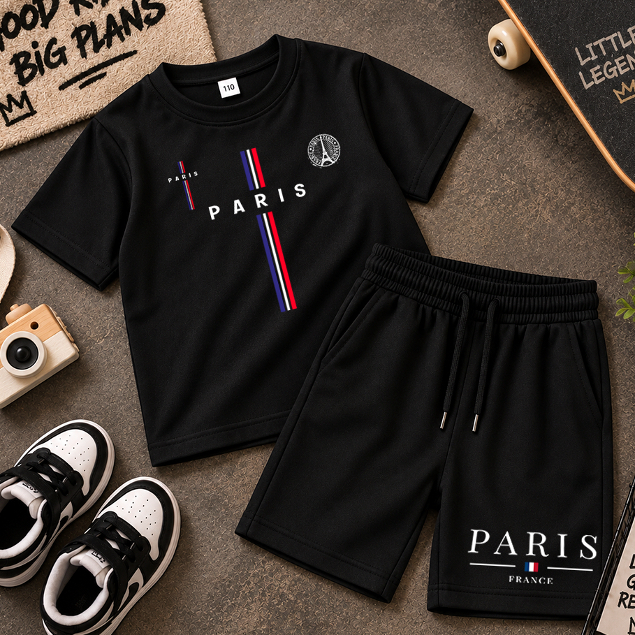 Conjunto Infantil Menino Camiseta Algodão e Bermuda Moletinho Streetwear Paris France Estiloso Moda Kids