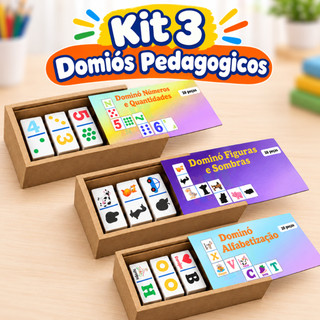 Kit 3 Dominós Jogo Educativo Didático Pedagógico Em MDF Brinquedo Infantil Aprendizagem Divertida