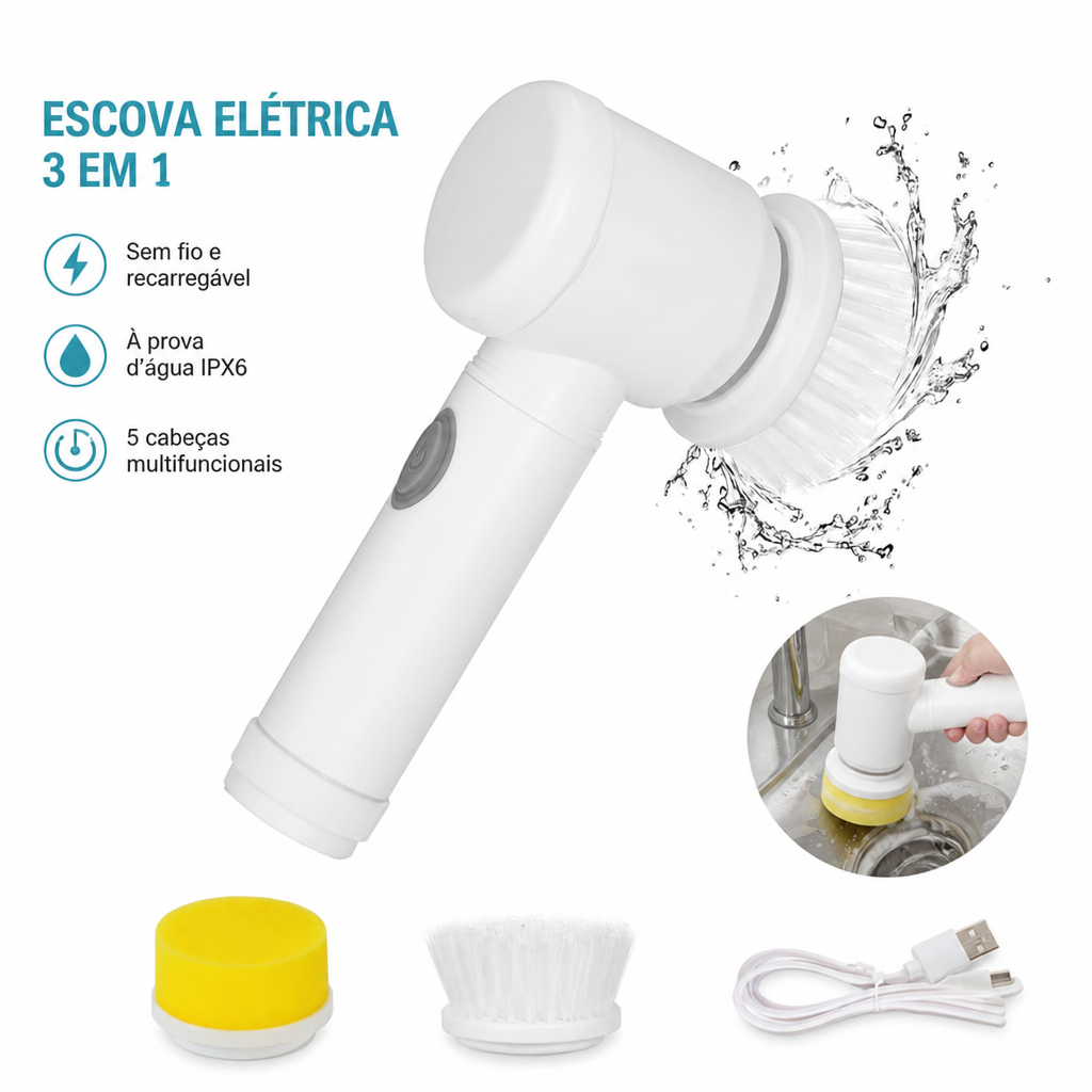 Escova Elétrica de Limpeza 3 em 1 Sem Fio Multiuso Prático com Cabeças Extras para Cozinha Banheiro
