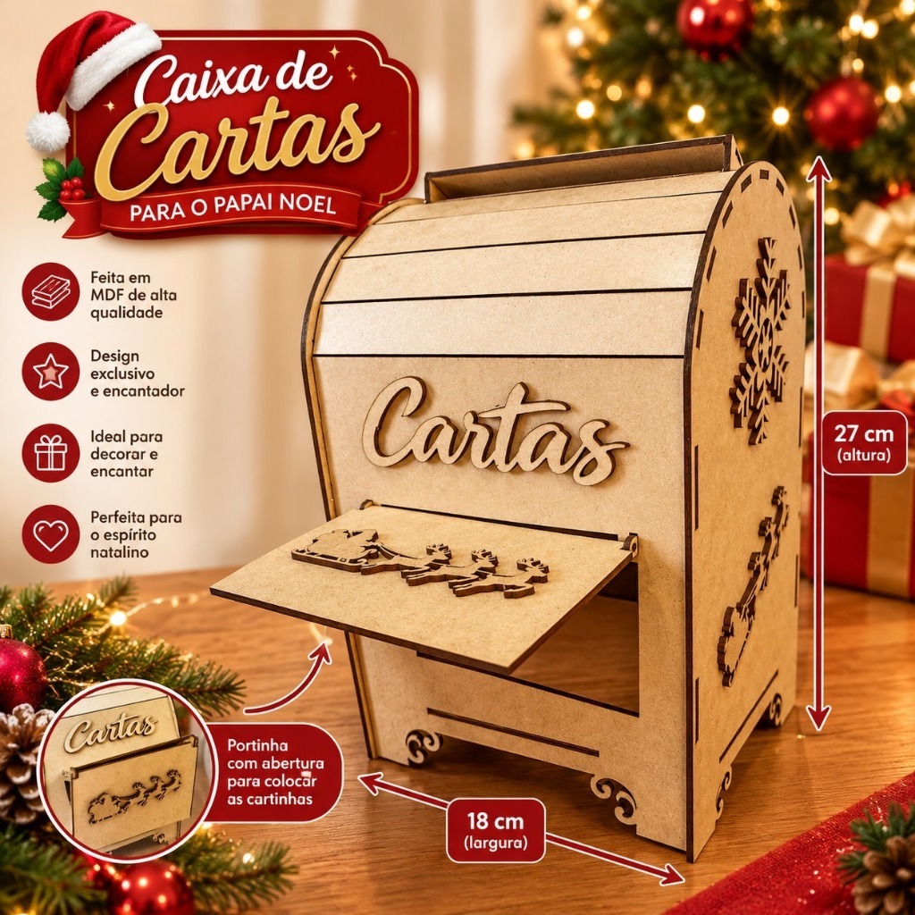 Correio Natalino em MDF para Cartinhas do Papai Noel Caixa de Correio Decorativa Natal Desmontada