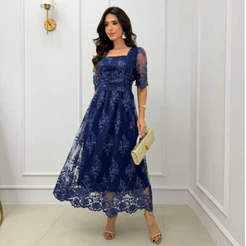 Vestido Femenino Midi Tule Bordado Forrado Manga Princesa