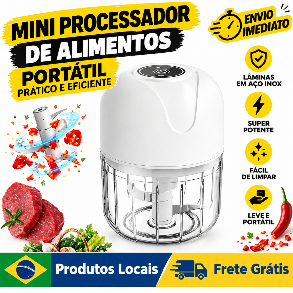Mini Processador Elétrico de Alimentos Portátil com 3 Lâminas de Aço Inoxidável branco.